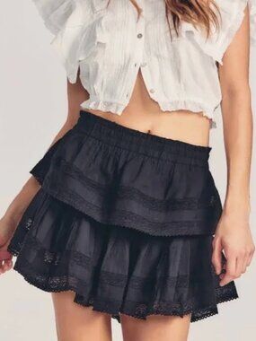 LoveShackFancy Willia Silk Lace-Detailed Mini Skirt in Black. (XS - *NWT)